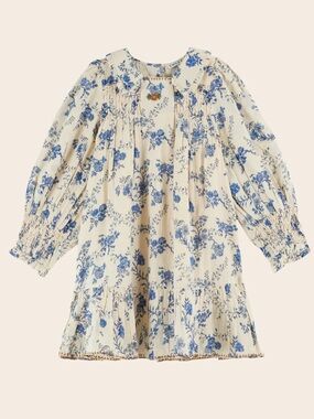 EMILE ET IDA Cream and Blue Floral Smocked Kids' Dress